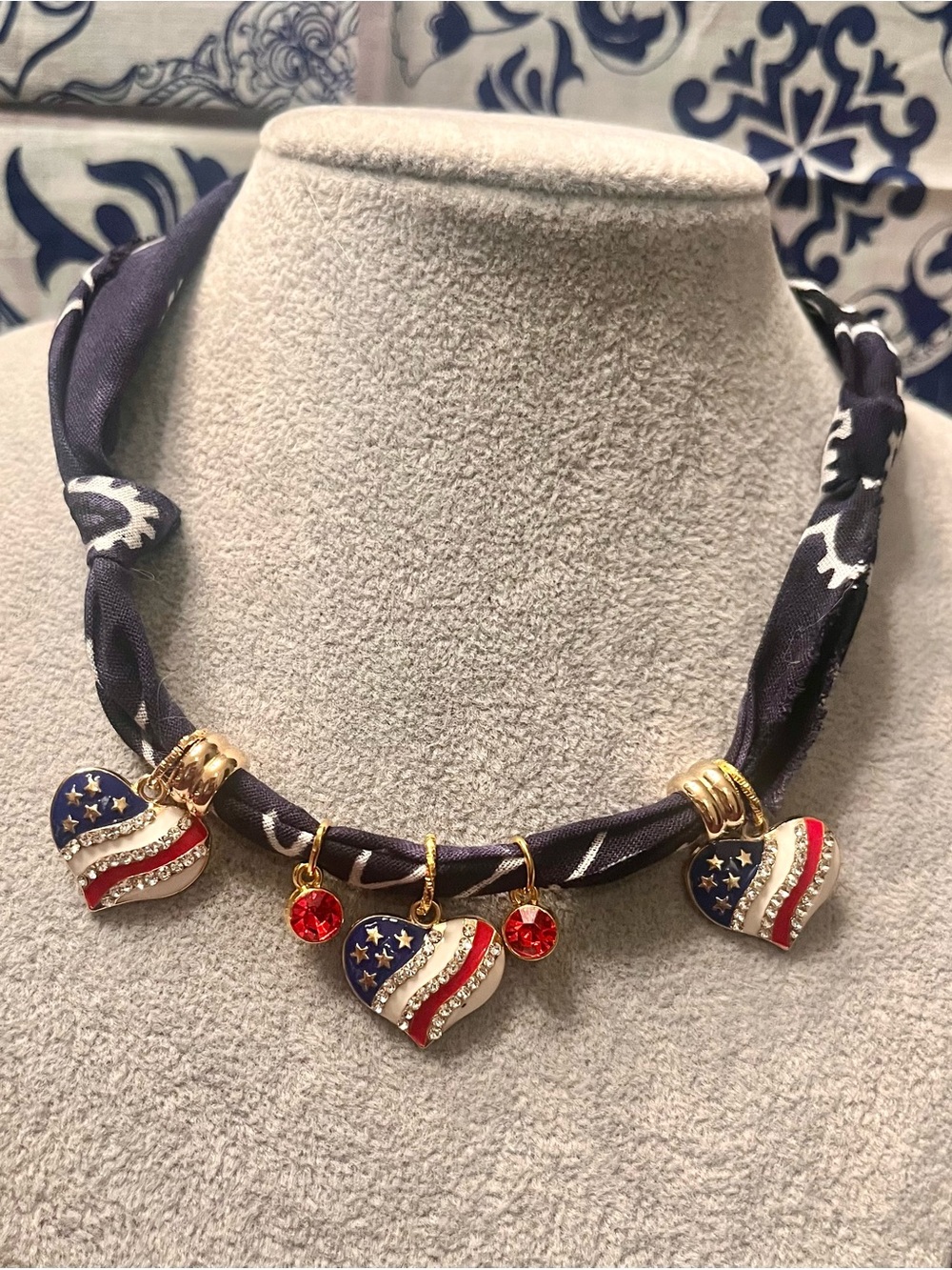Navy Blue Patriotic Boho Bandana Charm Necklace, 28”